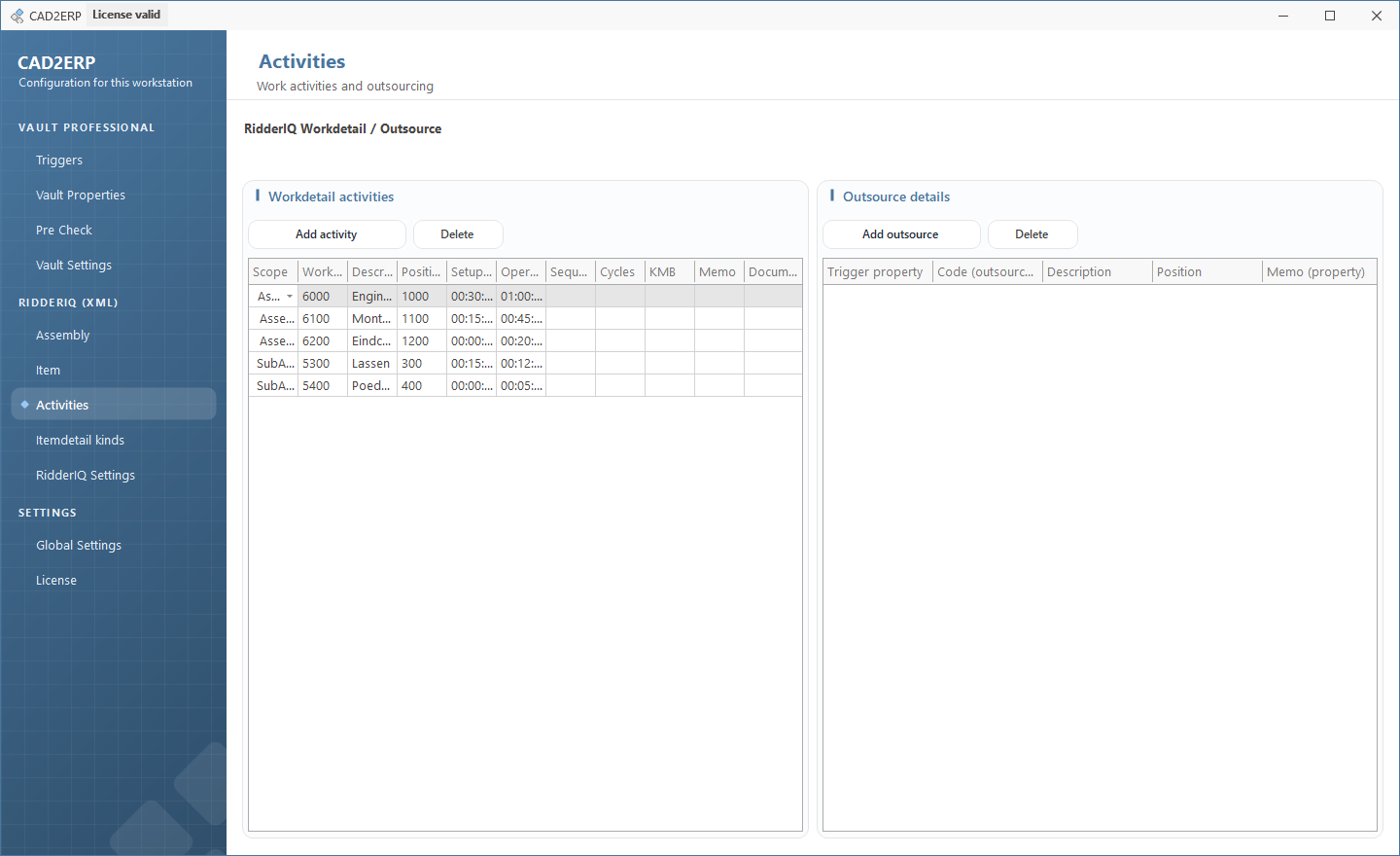 CAD2ERP dashboard: bewerkingen