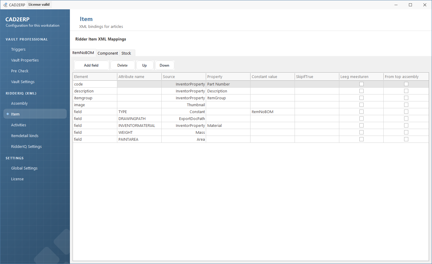 CAD2ERP dashboard: veldkoppeling voor artikelen