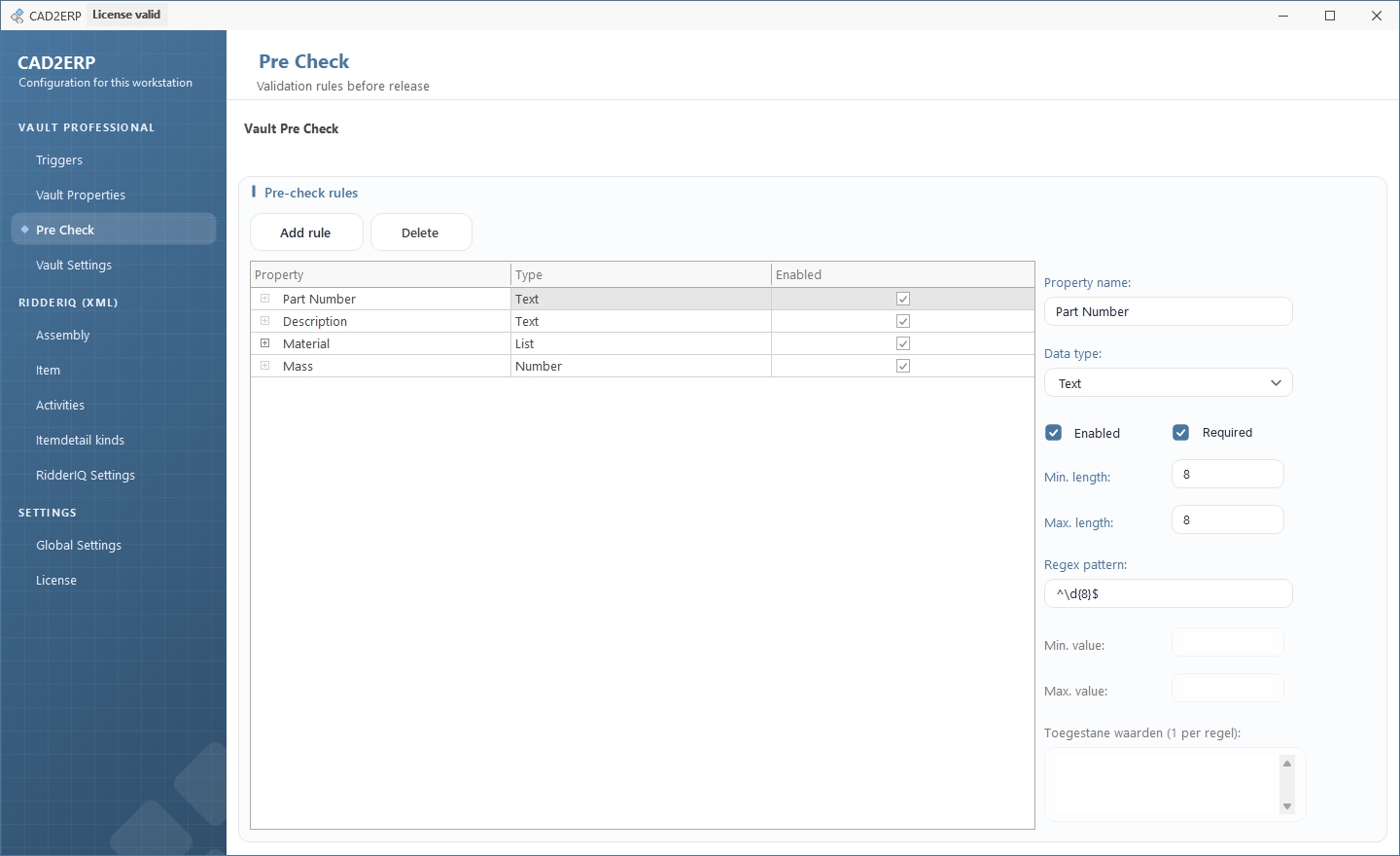 CAD2ERP dashboard: controleregels